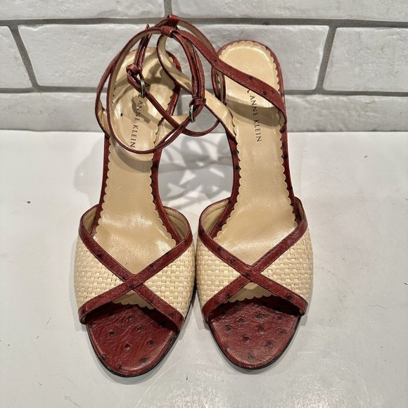 Anne Klein Women 7. 5M Straw Weave Open Toe Ankle Strap Heels Maroon Leather‎ - Picture 2 of 9